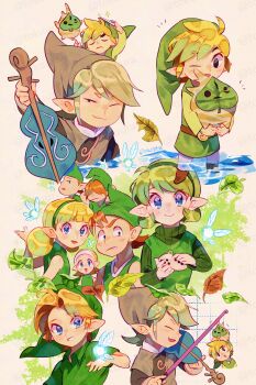3girls 6+boys blonde_hair conductor_baton fado_(ocarina_of_time) fado_(wind_waker) green_hair green_hat hat highres instrument kokiri leaf link makar mido_(zelda) multiple_boys multiple_girls multiple_views navi nintendo phrygian_cap playing_instrument saria_(zelda) short_hair smile the_legend_of_zelda the_legend_of_zelda:_ocarina_of_time the_legend_of_zelda:_the_wind_waker tokuura violin wind_waker_(object)