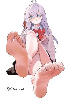1girl absurdres ahoge alisa_mikhailovna_kujou artist_name bare_legs barefoot black_skirt blue_eyes blush bow bowtie character_request closed_mouth collared_shirt copyright_request crossed_bangs crossed_legs feet foot_focus foreshortening full_body futsie_art grey_hair hair_between_eyes hair_ribbon highres jacket knee_up long_sleeves looking_at_viewer pleated_skirt red_bow red_bowtie red_ribbon ribbon school_uniform shadow shirt simple_background sitting skirt soles solo sweat toe_scrunch toenails toes tokidoki_bosotto_roshia-go_de_dereru_tonari_no_alya-san twitter_username white_background