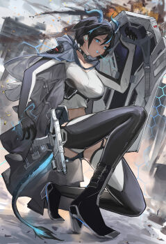 1girl absurdres black_boots black_choker black_gloves black_hair black_thighhighs blue_eyes blue_streaks boots breasts choker collarbone commentary_request gloves glowing glowing_eyes grey_gloves gun handgun hexagon highres kneeling large_breasts multicolored_hair original science_fiction solo streaked_hair tail thighhighs two-tone_gloves weapon youlan