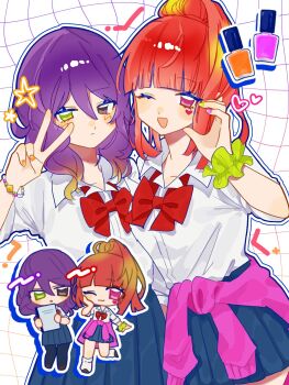 Rule 34 | 2girls, blonde hair, blue skirt, blunt bangs, blunt ends, bow, bowtie, bracelet, brown eyes, cardigan, cardigan around waist, chibi, chibi inset, clothes around waist, commentary request, cosmetics, facial mark, gina (gnosia), gnosia, green eyes, green scrunchie, gyaru, hair over shoulder, half-heart hands, hand up, heart, heart facial mark, heterochromia, high ponytail, highres, jewelry, karekare000, kogal, looking at viewer, multicolored hair, multiple girls, nail polish bottle, open mouth, orange nails, pink cardigan, pink eyes, pink nails, ponytail, purple hair, red bow, red bowtie, red hair, scrunchie, shirt, shirt tucked in, skirt, sq (gnosia), star (symbol), upper body, v, white shirt, wrist scrunchie, yellow nails