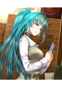 Rule 34 | 1girl, absurdres, blue eyes, card, durandal (nanoha), green hair, highres, holding, holding card, indoors, lindy harlaown, long hair, lyrical nanoha, mahou shoujo lyrical nanoha, mahou shoujo lyrical nanoha a's, mahou shoujo lyrical nanoha the movie 2nd a's, mikazuki akira!, ponytail, solo, weiss schwarz
