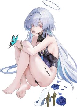 1girl adapted_costume aimu_(angry9565) bare_shoulders barefoot black_leotard blue_butterfly blue_flower blue_rose breasts bug butterfly butterfly_on_hand colored_eyelashes commentary flower grey_hair hair_intakes hair_over_one_eye halo hand_up high_heels highres insect leotard long_hair looking_at_viewer medium_breasts mornye_(wuthering_waves) no_jacket no_prosthetic_leg parted_lips red_eyes rose shoes simple_background sitting solo tacet_mark_(wuthering_waves) thighs toes unworn_shoes white_background white_shoes wuthering_waves