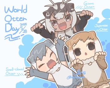 3girls animal_ears antenna_hair arms_up black_eyes brown_eyes brown_hair brown_one-piece_swimsuit character_name chibi chibi_only claw_pose dark-skinned_female dark_skin double-parted_bangs elbow_gloves empty_eyes english_text facing_viewer fangs fingerless_gloves fur_collar giant_otter_(kemono_friends) gloves grey_hair grey_one-piece_swimsuit hamanekoko hands_up japanese_otter_(kemono_friends) kemono_friends kemono_friends_3 long_hair looking_at_viewer multicolored_hair multiple_girls one-piece_swimsuit otter_ears outline outstretched_arms short_hair skin_fangs small-clawed_otter_(kemono_friends) smile swimsuit two-tone_hair two-tone_one-piece_swimsuit two-tone_swimsuit v-shaped_eyebrows white_outline zipper zipper_pull_tab