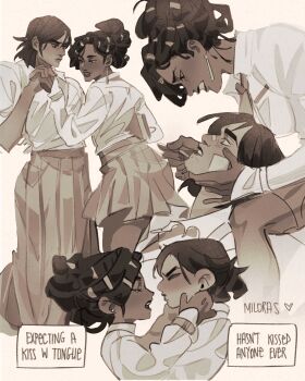 2girls alternate_costume alternate_universe angrymiloras arcane:_league_of_legends brown_hair clenched_teeth closed_eyes collared_shirt commentary couple dialogue_box ear_piercing earrings english_commentary english_text from_side hair_between_eyes hair_ornament hair_up happy highres holding_hands incoming_kiss jewelry league_of_legends leaning_back leaning_forward long_skirt long_sleeves looking_at_another looking_down looking_up mel_(league_of_legends) multiple_girls muscular muscular_female necktie open_mouth parted_lips piercing school_uniform sevika_(arcane) shirt short_hair skirt smile standing teeth upper_body white_shirt yuri