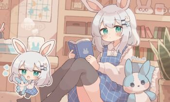 1girl :o animal_ears black_thighhighs blue_dress blue_hair blush_stickers book borrowed_character chibi circle_name closed_mouth collared_shirt colon_br commentary_request dress feet_out_of_frame green_eyes hair_ornament hairclip highres holding holding_book indoors knees_up long_sleeves looking_at_viewer medium_hair multiple_views open_book open_mouth original outline parallel_hairclips pillow pinafore_dress plant potted_plant rabbit_ears rabbit_girl shirt sidelocks sitting sleeveless sleeveless_dress stuffed_animal stuffed_rabbit stuffed_toy thighhighs twitter_username white_outline white_shirt