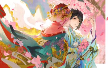 Rule 34 | 1boy, 1girl, black eyes, black hair, blush, cherry blossoms, closed eyes, commentary request, couple, falling petals, flower, hair flower, hair ornament, hairpin, haori, haruno sakura, hetero, highres, japanese clothes, kimono, kiss, kissing cheek, looking at another, mlynar, naruto (series), parted lips, petals, pink hair, pink kimono, pink petals, print haori, red lips, short hair, uchiha sasuke, upper body