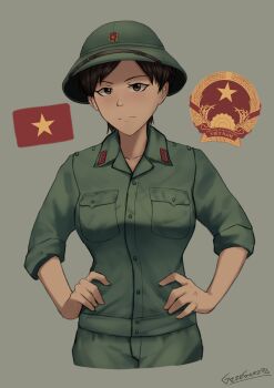 Rule 34 | 1girl, absurdres, black eyes, black hair, breast pocket, cold war, collar tabs, commentary, cowboy shot, emblem, english commentary, green hat, green pants, green shirt, grey background, grzegorz1996, hands on own hips, hat, helmet, highres, looking at viewer, military, military uniform, original, pants, people&#039;s army of vietnam, pith helmet, pocket, red collar tabs, shirt, short hair, signature, simple background, vietnam, vietnamese flag