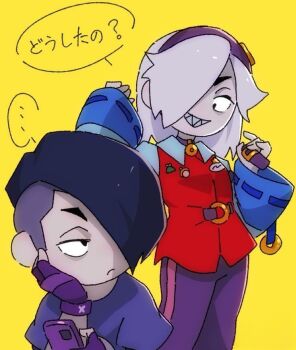 1boy 1girl annabird2520 black_hair brawl_stars colette_(brawl_stars) edgar_(brawl_stars) fingerless_gloves gloves grey_hair hair_over_one_eye hairband head_rest non-web_source phone ribbon-trimmed_sleeves ribbon_trim sharp_teeth smile speech_bubble teeth undercut vest yellow_background