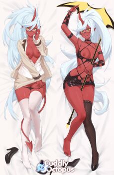 1girl :d arm_up armpits bare_shoulders bed_sheet between_thighs black-framed_eyewear black_collar black_panties black_shoes black_thighhighs blur_censor breasts breasts_out censored coat collar colored_skin commentary cuddly_octopus dakimakura_(medium) demon_girl demon_tail double_dakimakura_(medium) fang fang_out fangs feet full_body glasses green_eyes hair_between_eyes high_heels_removed highres horns iwbitu kneesocks_(psg) long_hair long_sleeves looking_at_viewer looking_over_eyewear lying medium_breasts miniskirt multiple_views nipples no_bra no_panties on_back open_clothes open_coat open_mouth open_shirt panties panty_&amp;_stocking_with_garterbelt panty_pull pointy_ears polearm rectangular_eyewear red_skin scythe semi-rimless_eyewear sharp_teeth shirt shoes single_bare_foot single_bare_leg single_horn single_shoe single_thighhigh skirt smile spiked_collar spikes swept_bangs tail teeth thighhighs toes under-rim_eyewear underwear untucked_shirt unworn_shoes very_long_hair watermark weapon white_coat white_hair white_shirt white_skirt white_thighhighs wing_collar