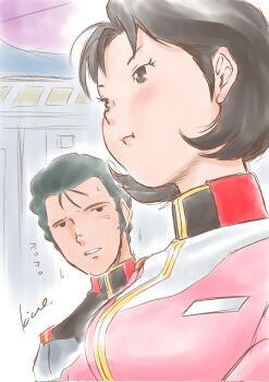 black_hair blush breasts bright_noa collared_jacket commentary_request earth_federation embarrassed green_hair grey_eyes gundam highres jacket kico_factory lips looking_at_breasts medium_breasts medium_hair mirai_yashima mobile_suit_gundam parted_lips pink_jacket pout short_hair sweatdrop translation_request