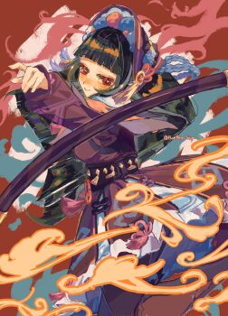 1girl arm_up banthyo_hiyo belt black_belt black_hair black_pantyhose blunt_bangs blush breasts chinese_clothes closed_mouth cloud cowboy_shot dress floating_hair fur_collar gem genshin_impact half-closed_eyes hashtag-only_commentary headdress highres hime_cut long_hair long_sleeves looking_at_viewer medium_breasts pantyhose pink_ribbon pom_pom_(clothes) puffy_long_sleeves puffy_sleeves purple_dress purple_headdress red_background red_eyes red_gem ribbon simple_background smile solo standing tassel yun_jin_(genshin_impact)