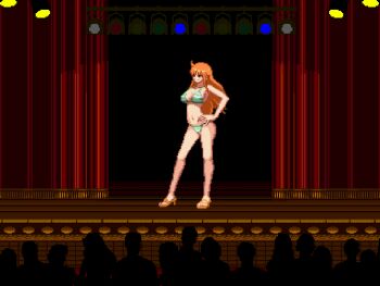 Rule 34 | 1girl, 6+others, adapted costume, bikini, breasts, brown eyes, crowd, curtains, full body, green bikini, hand on own hip, high heel sandals, high heels, long hair, looking to the side, m.u.g.e.n, multiple others, nami (one piece), nami (one piece) (return to sabaody), navel, one piece, orange hair, pixel art, sandals, solo focus, source request, stage, stage lights, striped bikini, striped clothes, swimsuit