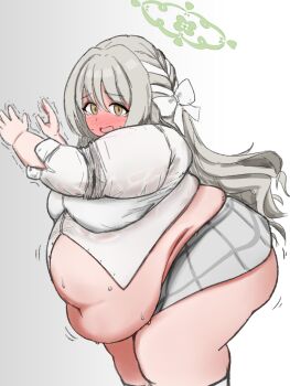 1girl ass belly belly_hang big_belly blue_archive blush bow breasts brown_eyes fat fat_woman from_side full-face_blush grey_hair grey_skirt hair_bow hair_ribbon halo highres long_hair medium_breasts miyo_(blue_archive) multicolored_hair navel obese open_mouth plaid_clothes plaid_skirt ribbon shirt skirt socks solo standing sweat tears thick_arms thick_thighs thighs tight_clothes tress_ribbon wawawaltz white_background white_bow white_hair white_shirt white_socks
