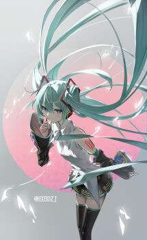 1girl absurdly_long_hair absurdres aqua_eyes aqua_hair arm_tattoo black_skirt black_sleeves black_thighhighs blush closed_mouth hair_between_eyes hatsune_miku headphones highres hxbdzj long_hair looking_at_viewer number_tattoo shirt sidelocks skirt smile solo tattoo thighhighs twintails very_long_hair vocaloid white_shirt zettai_ryouiki