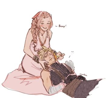 1boy 1girl aerith_gainsborough armor artist_name bandaged_arm bandages bangle bare_shoulders belt black_gloves blonde_hair blush bracelet braid braided_ponytail brown_belt brown_hair canteatea choker cloud_strife cropped_legs dress final_fantasy final_fantasy_vii final_fantasy_vii_rebirth final_fantasy_vii_remake flower flower_choker gloves hair_over_shoulder hair_ribbon hand_on_another&#039;s_cheek hand_on_another&#039;s_face hetero highres holding holding_flower jewelry kneeling lap_pillow lily_(flower) long_dress long_hair looking_at_another one_eye_closed pauldrons pink_dress pink_ribbon ribbon short_hair shoulder_armor single_braid single_pauldron sketch sleeveless sleeveless_dress sleeveless_turtleneck smile spiked_hair sundress suspenders turtleneck white_background yellow_flower