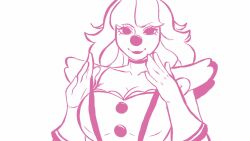 1girl 2025 ace_attorney animated breasts capcom choker cleavage close-up closed_mouth clothes_pull clown_nose commentary covering_nipples covering_privates dress_pull emmpyfour english_commentary female_focus geiru_toneido gloves grabbing_own_breast highres jiggle large_breasts lipstick looking_at_viewer makeup medium_hair monochrome no_bra parted_lips pasties pauldrons phoenix_wright:_ace_attorney_-_spirit_of_justice pink_hair pink_theme shoulder_armor smile sound squeezing suspenders teasing undressing upper_body video