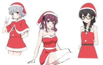 3girls arm_behind_back arms_behind_back bare_shoulders black_hair blush bow braid breasts capelet christmas cleavage closed_mouth collarbone cowboy_shot cropped_legs crossed_legs double_bun dress fur-trimmed_capelet fur-trimmed_dress fur-trimmed_headwear fur_trim glasses green_bow green_eyes grey_hair hair_bow hair_bun hair_ribbon hanakuma_chifuyu hat koharu_rikka long_hair looking_at_viewer multiple_girls natsuki_karin open_mouth purple_eyes purple_hair red_capelet red_dress ribbon santa_costume santa_dress santa_hat short_hair simple_background sitting smile spesium_zeperion strapless strapless_dress synthesizer_v thighhighs twin_braids twintails v white_background white_thighhighs