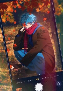 1boy alternate_costume black_gloves blue_hair blue_hoodie blue_pants brant_(wuthering_waves) brown_jacket cellphone commentary english_commentary fingerless_gloves gloves hair_between_eyes highres holding holding_leaf hood hoodie jacket leaf looking_at_viewer male_focus pants parted_lips phone pink_eyes red_scarf sae_naiyatsu scarf short_hair smartphone smile solo squatting wuthering_waves