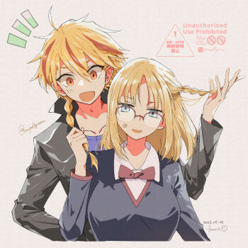 1boy 1girl ahoge andante_x black_jacket blonde_hair blue_eyes blue_shirt bow bowtie braid breasts collarbone fate/strange_fake fate_(series) glasses grabbing_another&#039;s_hair holding_another&#039;s_hair interested jacket large_breasts long_hair multicolored_hair open_mouth orange_eyes red_bow red_bowtie red_hair richard_i_(fate) richard_i_(second_ascension)_(fate) sajou_ayaka_(fate/strange_fake) shirt signature streaked_hair two-tone_hair white_shirt