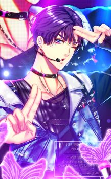 1boy arm_up belt belt_buckle belt_collar black_belt buckle collar commentary_request fingernails headset highres jacket jewelry looking_at_viewer love_and_deepspace male_focus mole necklace official_alternate_costume onaka_senaka one_eye_closed open_clothes open_jacket open_mouth purple_eyes purple_hair rafayel_(love_and_deepspace) short_hair solo teeth upper_body upper_teeth_only watermark zipper zipper_pull_tab