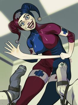absurdres adjusting_clothes adjusting_gloves bodysuit dc_comics exmile gloves harley_quinn hat highres imminent_fisting jester_cap latex latex_bodysuit latex_gloves nurse source_request tagme the_joker