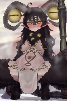 1girl absurdres blush body_piercings breasts disembodied_eye ekrea_jan elden_ring extra_eyes genderswap genderswap_(mtf) goat_horns goat_legs highres holding horizontal_pupils horns libra_(elden_ring) long_hair looking_at_viewer mage_staff monster monster_girl navel pointy_ears solo squatting staff very_big_eyes yellow_eyes