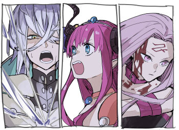 1boy 2girls armor asclepius_(fate) asclepius_(third_ascension)_(fate) bare_shoulders bikini_armor bleeding blood blood_from_forehead blue_eyes breasts closed_mouth crossed_bangs dragon_girl dress elizabeth_bathory_(brave)_(fate) elizabeth_bathory_(fate) facial_mark fate/grand_order fate_(series) forehead_mark green_eyes grey_hair hair_between_eyes highres horns jacket ki_wa001 large_breasts long_hair looking_at_viewer medusa_(fate) medusa_(rider)_(fate) multiple_girls open_mouth pauldrons pink_hair pointy_ears purple_eyes purple_hair red_armor shoulder_armor silver_trim simple_background small_breasts sweatdrop upper_body very_long_hair white_background white_hair