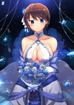 1girl artist_name bare_shoulders blue_eyes bouquet breasts bride brown_hair chinchongcha cleavage_cutout clothing_cutout collarbone dress fire_emblem fire_emblem:_path_of_radiance fire_emblem:_radiant_dawn fire_emblem_heroes flower halterneck highres holding holding_bouquet large_breasts looking_at_viewer nintendo nontraditional_wedding_dress short_hair sideboob smile solo tanith_(bridal)_(fire_emblem) tanith_(fire_emblem) wedding_dress white_dress