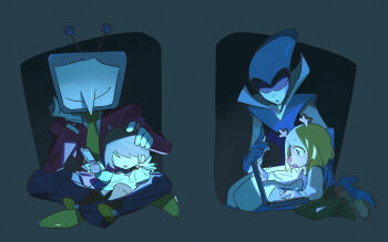 1boy 1other 2girls ant_tenna antlers black_pants black_shoes blonde_hair blue_gloves brown_hair commentary computer controller deer_antlers deer_girl deltarune furry furry_female gloves hair_over_eyes highres holding holding_remote_control horns index_finger_raised jacket kris_(deltarune) laptop multiple_girls necktie noelle_holiday object_head open_mouth pants pointy_nose queen_(deltarune) red_jacket remote_control shoes short_hair smile symbol-only_commentary utdr_(toby_fox) wraith615 yellow_necktie yellow_shoes