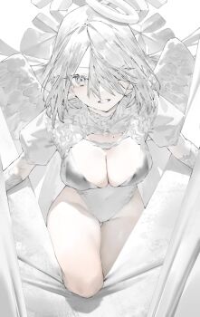 1girl breasts cleavage covered_navel groin hair_over_one_eye highleg highleg_leotard leotard long_hair mi8pq mole mole_on_chest original parted_lips shrug_(clothing) solo thigh_gap thighs white_eyes white_hair white_leotard white_shrug white_theme white_wings wings