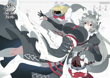 1girl alexandrina_sebastiane anastella_(zenless_zone_zero) bangboo_(zenless_zone_zero) black_dress black_gloves breasts commentary_request copyright_name dotted_background dress drusilla_(zenless_zone_zero) gloves grey_background grey_hair hair_between_eyes highres large_breasts long_hair maid maid_headdress matsumoto_tomoyohi pantyhose parted_lips partially_fingerless_gloves red_eyes single_leg_pantyhose white_pantyhose zenless_zone_zero