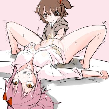 10s 2girls age_difference akagi_miria black_hair bottomless bow female_ejaculation fisting foaming_at_the_mouth hair_bow idolmaster idolmaster_cinderella_girls jougasaki_mika loli multiple_girls onee-loli peeing pink_hair rolling_eyes sketch smile trembling twintails yuri