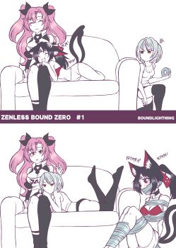 absurdres anby_demara animal_ears bdsm black_hair blush bondage bound boundlightning breasts cat_ears cat_girl cat_tail gag grey_hair highres improvised_gag large_breasts lying_on_another nekomiya_mana nicole_demara on_lap pink_hair shirt single_thighhigh t-shirt tail tank_top tape tape_gag thighhighs underwear zenless_zone_zero