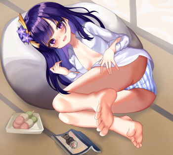 1girl absurdres aged_down alternate_costume alternate_universe ass ass_focus bare_legs barefoot bean_bag_chair blunt_bangs blush book braid breasts cleavage collared_shirt commentary dango feet food foot_focus full_body genshin_impact gradient_hair hair_ornament highres indoors loli long_braid long_hair long_sleeves looking_at_viewer lying medium_breasts mole mole_under_eye multicolored_hair on_floor on_side open_clothes open_shirt panties pantyshot purple_eyes purple_hair raiden_shogun shirt single_braid soles solo striped_clothes striped_panties thighs underwear wagashi white_shirt wooden_floor yuki_(best010409)