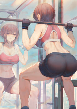 1girl abs ass bare_shoulders blue_eyes blush breasts brown_hair cleavage commentary_request exercising female_focus fingerless_gloves furrowed_brow gloves highres large_breasts looking_at_viewer mashutarou_(neko_no_oyashiro) medium_hair mirror navel oomikado_himari original shorts sidelocks solo sports_bra squatting sweat thighs track_lighting weightlifting workout_clothes