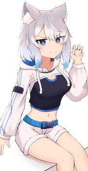 >:) 1girl absurdres animal_ear_fluff animal_ears belt black_shirt blue_belt blue_eyes blue_hair breasts claw_pose closed_mouth commentary_request drawstring feet_out_of_frame grey_hair hand_up highres long_sleeves looking_at_viewer medium_breasts midriff multicolored_hair navel nyaha original puffy_long_sleeves puffy_sleeves shirt short_shorts shorts shrug_(clothing) simple_background smile solo streaked_hair v-shaped_eyebrows white_background white_hair white_shorts