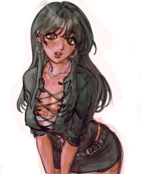 1girl belt black_hair breasts dark-skinned_female dark_skin earrings green_eyes hair_between_eyes jewelry large_breasts lipstick makeup necklace original short_shorts shorts undershirt