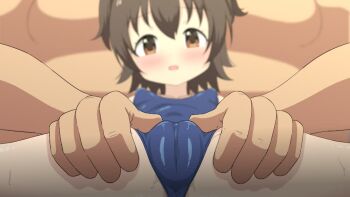 1boy 1girl akagi_miria animated black_hair blue_one-piece_swimsuit blurry blurry_background blush breasts brown_eyes brown_hair censored clothed_female_nude_male covered_erect_nipples covered_navel depth_of_field hetero idolmaster idolmaster_cinderella_girls idolmaster_cinderella_girls_u149 lli_tt loli looking_at_viewer mosaic_censoring nude one-piece_swimsuit open_mouth pussy pussy_juice school_swimsuit short_hair small_breasts solo_focus spread_legs spread_pussy spread_pussy_under_clothes sweat swimsuit tagme two_side_up ugoira video
