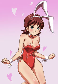 1girl :&gt; alexis_(transformers) breasts brown_hair cuffs heart highres hinokawa_jun medium_breasts pink_background playboy_bunny rabbit_ears rabbit_tail short_hair smile transformers transformers_armada transformers_unicron_trilogy