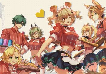 1boy 5girls ahoge aketohgo alternate_costume animal_ears apron belt black_choker black_gloves blonde_hair breasts burnice_white burnice_white_(operation_yum_2025) caesar_king_(zenless_zone_zero) can choker closed_mouth collared_shirt crop_top food french_fries furry furry_female gloves green_eyes green_hair hair_between_eyes hair_ornament hair_over_one_eye heart highres holding holding_tray lighter_(zenless_zone_zero) long_hair looking_at_viewer luciana_de_montefio midriff multiple_girls navel official_alternate_costume one_eye_closed open_mouth pasta piper_wheel pizza pleated_skirt ponytail puffy_short_sleeves puffy_sleeves pulchra_fellini red_eyes red_shirt shirt short_sleeves side_ponytail simple_background skirt sons_of_calydon_(zenless_zone_zero) sunglasses thigh_strap thighhighs tray twintails twitter_username v waist_apron waiter waitress watermark white_thighhighs zenless_zone_zero