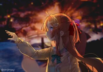 1girl ahoge aqua_bow aqua_bowtie blue_eyes blue_sailor_collar bow bowtie brown_hair cardigan closed_mouth commentary eenightlamp english_commentary from_side hair_between_eyes hair_ornament hair_ribbon heart heart_hair_ornament highres long_hair long_sleeves neuro-sama profile red_ribbon ribbon sailor_collar solo twitter_username two_side_up upper_body vedal_ai virtual_youtuber yellow_cardigan