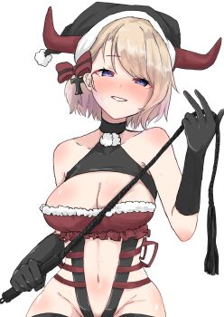 1girl absurdres alternate_costume azur_lane bare_shoulders black_gloves blonde_hair blue_eyes blush bow breasts cat_o'_nine_tails cleavage clothing_cutout commentary_request cross elbow_gloves gloves grin groin hair_bow hair_over_one_eye half-closed_eyes hand_up highres hip_focus holding holding_whip iron_cross looking_at_viewer medium_breasts medium_hair navel np25np revealing_clothes seductive_smile sleeveless smile smug solo stomach stomach_cutout whip z23_(azur_lane)