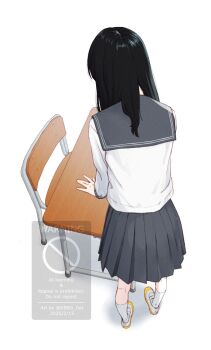 Rule 34 | 1girl, adversarial noise, back, black hair, chair, commentary request, desk, highres, kbrg, kneehighs, long hair, original, paid reward available, pleated skirt, school chair, school desk, school uniform, serafuku, shoes, simple background, skirt, socks, solo, uwabaki, watermark, white background, white socks