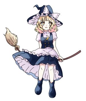 1girl absurdres apron black_boots black_hat black_vest blonde_hair boots bow broom broom_riding commentary_request crescent crescent_pin hair_bow hat hat_bow highres kanmarisa_(meme) kirisame_marisa legacy_of_lunatic_kingdom meme open_mouth pioartstuff short_sleeves solo textless_version touhou transparent_background vest waist_apron white_apron white_bow witch_hat yellow_eyes
