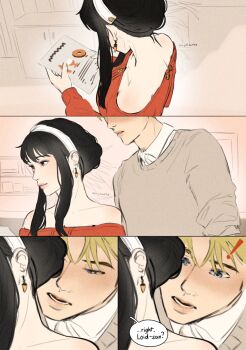 Rule 34 | !, 1boy, 1girl, anjiliarts, artist name, black hair, blonde hair, blue eyes, blush, breasts, collared shirt, commentary, dress, earrings, english commentary, english text, from above, gold earrings, grey sweater, hairband, hetero, highres, jewelry, long hair, looking at another, medium breasts, off-shoulder dress, off shoulder, parted bangs, parted lips, red dress, red eyes, shirt, shirt under sweater, short hair, sidelocks, spy x family, sweater, twilight (spy x family), updo, upper body, white hairband, white shirt, yor briar