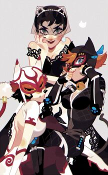 3girls akira_kira animal_ear_hairband animal_ears backless_dress backless_outfit batman_(series) batman_ninja batman_of_shanghai bell black_bodysuit black_dress black_eyes black_hair black_nails black_pantyhose blue_eyes bodysuit boots breasts bridal_veil cat_ear_hairband cat_ears cat_tail catwoman china_dress chinese_clothes cleavage dc_comics dress fake_animal_ears fake_tail gloves hairband high_heel_boots high_heels lipstick looking_at_viewer makeup mask microdress multiple_girls nail_polish neck_bell off-shoulder_dress off_shoulder orange_hair pantyhose red_lips selina_kyle short_hair side_slit simple_background smile tail veil wedding_dress whip white_boots white_dress