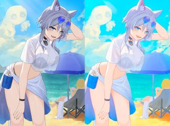 2girls absurdres aglaea_(honkai:_star_rail) alternate_costume anima_miko animal_ear_fluff animal_ears beach beach_chair beach_umbrella bikini bikini_visible_through_clothes black_bikini blonde_hair blue_eyes blue_sky breasts cat_ears cat_girl cipher_(honkai:_star_rail) cloud commentary_request eyewear_on_head grey_hair heart heart-shaped_eyewear highres honkai:_star_rail honkai_(series) large_breasts looking_at_viewer medium_breasts medium_hair midriff multiple_girls ocean open_mouth outdoors revision sarong see-through_clothes see-through_shirt shirt short_hair sky smile solo_focus spirithief_bartholos_(honkai:_star_rail) sunglasses swimsuit umbrella white_sarong white_shirt