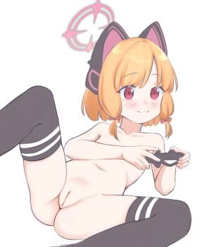 1girl animal_ears black_thighhighs blonde_hair blue_archive blush bow cleft_of_venus closed_mouth controller female_focus hair_bow highres holding holding_controller loli momoi_(blue_archive) nude pussy red_bow red_eyes short_hair simple_background smile solo thighhighs thighs tsuuwu white_background