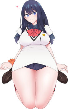 Rule 34 | 1girl, ankoman, blue eyes, blue hair, blue shirt, bow, breasts, cardigan, commentary request, gridman universe, gridman universe (movie), heart, highres, kneeling, large breasts, leg focus, legs together, loafers, long hair, looking at viewer, orange scrunchie, pleated skirt, red bow, red socks, school uniform, scrunchie, shirt, shoes, sitting, skirt, smile, socks, solo, solo focus, takarada rikka, thick thighs, thighs, white background, white cardigan, wide hips