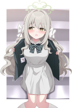 1girl :o black_bow black_bowtie black_jacket blazer blue_archive blush bow bowtie braid breasts collared_shirt commentary_request dress_shirt eko green_halo grey_hair grey_skirt hair_between_eyes hair_bow hair_intakes hair_ribbon halo highres jacket letter long_hair long_sleeves medium_breasts miyo_(blue_archive) open_clothes open_jacket open_mouth ribbon ribbon_braid school_uniform shirt skirt solo very_long_hair wavy_hair white_bow white_ribbon white_shirt yellow_eyes